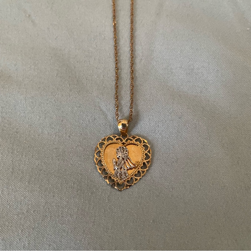 Praying 3-D Silver Guardian Angel on Gold Heart Pendant Necklace w/ Back Message